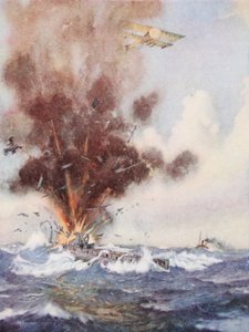 El comandante de escuadrón A.W. Bigsworth ataca con bombas un submarino alemán, que se llena de agua y se hunde frente a Ostende de Joseph Harold Swanwick