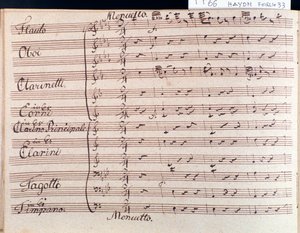 Primera página de la partitura del minueto en Sinfonía 66 en si bemol mayor de J Haydn
