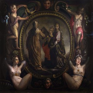 Tres figuras alegóricas en un cartucho