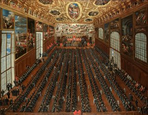 Interior de la Sala Maggior Consiglio, Palacio Ducal de Venecia, con patricios votando en un boletín para la elección de nuevos magistrados.