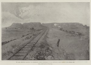 De Aar, mostrando el ferrocarril a Kimberley, con Tafelberg en la distancia, a unos treinta y cinco millas de distancia de Joseph Holland Tringham