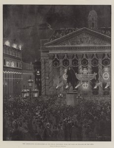 Las iluminaciones de la coronación en el Royal Exchange, con el Banco de Inglaterra a la izquierda de Joseph Holland Tringham