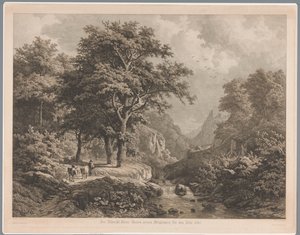 Paisaje montañoso con una cascada en el medio, a la izquierda un niño con tres vacas y un perro de Joseph Hubert Blees