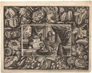 Bodegón de queso y frutas con borde ornamental de Joseph Kling