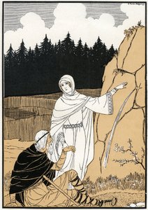 La legende de Sainte Odile (Odile de Hohenbourg, ca. 662- ca. 720) sacando un manantial de la roca - Ilustración de Joseph Kuhn Regnier (Kuhn-Regnier) (1873-1940) para "Legendes et contes d