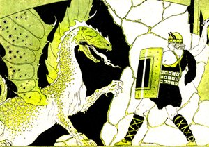 Sigfrido lucha contra el Dragón. Leyenda del Nibelungo. Ilustración de Joseph Kuhn Regnier (Kuhn-Regnier) (1873-1940) para "Epopees et legendes d