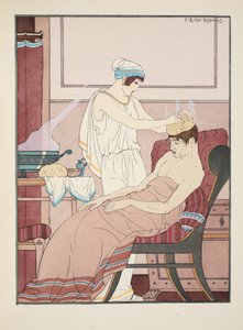 Una esponja empapada en agua caliente se aplica a la cabeza, ilustración de 