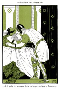 Leyenda de Nibelunga: Sigfrido abraza a la Walkyria Brunnhilde (cromolitografía) de Joseph Kuhn Regnier