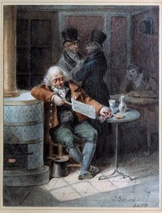 Lectura de la Gaceta: anciano dormido en un café leyendo el periódico 