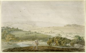 Un agricultor sembrando, con un valle fluvial y colinas onduladas al fondo, c.1795 de Joseph Mallord William Turner