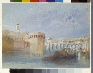 Angers: Las murallas de Doutre con la torre de la iglesia de la Trinité (acuarela y gouache sobre papel azul)