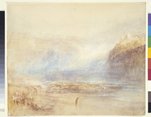 Cataratas del Rin en Schaffhausen - Vista lejana (acuarela, pluma y tinta roja sobre aguada gris sobre papel blanco) de Joseph Mallord William Turner