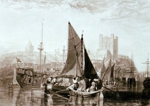 Barcaza del Támesis que transporta heno, un barco prisión y otros cargamentos en Rochester, en el río Medway de Joseph Mallord William Turner