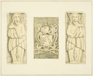 2 figuras y escudo de armas de la puerta en Black Castle, Brislington de Joseph Manning