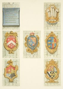 Escudos de armas en el púlpito de piedra de la Catedral de Bristol