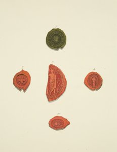 Cinco Sellos de Robert Atwaller, sello desconocido, Margaret Mewyrk, Priora de St Mary Magdalen y John Vrell de Joseph Manning