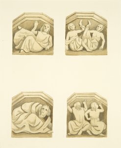 Cuatro ménsulas en el pórtico norte (originalmente soportando estatuas) de St Mary Redcliffe de Joseph Manning