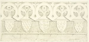 Friso gótico y escudos de armas en la sala de la sacristía de la Catedral de Bristol