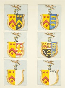 Seis escudos de armas en vitrales en las naves norte y sur (extremo este) de la Catedral de Bristol de Joseph Manning