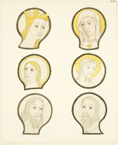 Seis cabezas en vitrales al sur del coro en la Catedral de Bristol de Joseph Manning