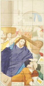 Vitral en el extremo este del pasillo sur de la Catedral de Bristol mostrando compradores y vendedores en el Templo de Joseph Manning
