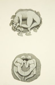 Dos piedras de bóveda en el techo al entrar por la puerta norte de la Catedral de Bristol de Joseph Manning