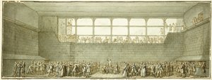 El juramento de la pista de tenis, c.1789 (tiza negra, pluma y tinta marrón con aguada gris) de Joseph Marie Flouest