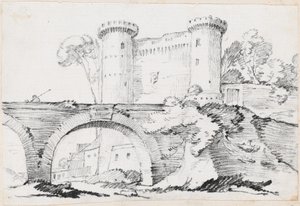 Un puente de piedra y la entrada fortificada a una ciudad de Joseph Marie Vien
