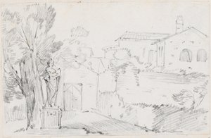 Esquina de un jardín italiano con una iglesia al fondo de Joseph Marie Vien