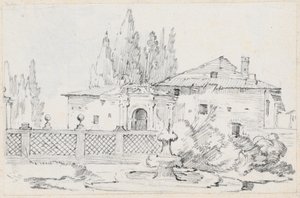 Casa y árboles al otro lado de un muro de jardín de Joseph Marie Vien