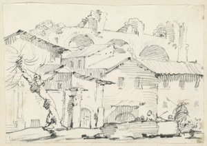 Casas en el lado norte del Foro con la Basílica de Majencio al fondo de Joseph Marie Vien