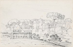Terraza junto a un río con una villa y árboles al fondo de Joseph Marie Vien