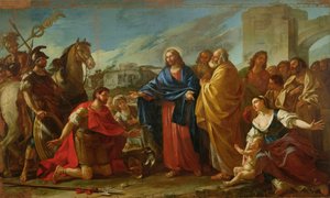 El centurión arrodillado a los pies de Cristo o, Jesús sanando al hijo de un oficial, 1752 de Joseph Marie, the Elder Vien