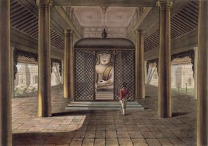 Un soldado de pie en un templo de Rangún, grabado por George Hunt, 1825