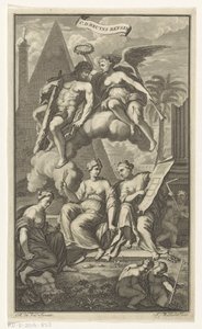 Hércules coronado por Victoria CD. Bruyns Reysen (título sobre objeto) Página de título para: Cornelis de Bruyn, Reizen, 1698