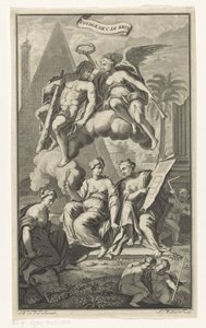 Hércules coronado por Victoria Voyage de C. le brun (título del objeto) Página de título para: Cornelis de Bruyn, Voyage au Levant, 1700 de Joseph Mulder