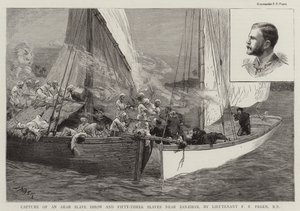 Captura de un dhow árabe esclavista y cincuenta y tres esclavos cerca de Zanzíbar, por el teniente F F Fegen, RN