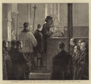 Entierro de Napoleón III, la Emperatriz Eugenia rociando el ataúd con agua bendita