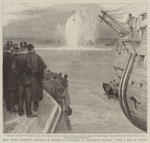 Recepción de Lord George Hamilton de los miembros del Parlamento en el astillero de Portsmouth, disparando una mina por contacto