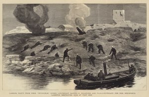 El bombardeo de Alejandría, grupo de desembarco del HMS Invincible, bajo el mando del teniente Barton R. Bradford y el teniente de bandera el honorable Hedworth Lambton destruyendo cañones en el Fuerte Mex