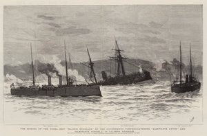 El hundimiento del barco rebelde Blanco Encalada por los torpederos del gobierno Almirante Lynch y Almirante Condell, en el puerto de Caldera de Joseph Nash