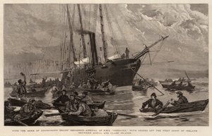 Con el escuadrón de socorro del Duque de Edimburgo, llegada del HMS Goshawk con suministros en la costa oeste de Irlanda entre las islas Achill y Clare de Joseph Nash