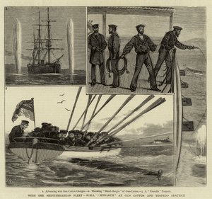 Con la flota del Mediterráneo, H.M.S. Monarch en práctica de algodón pólvora y torpedos de Joseph Nash