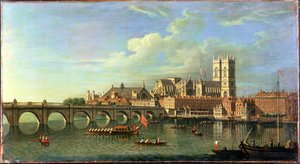 Una vista de Westminster con la barcaza real y otros barcos