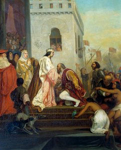 Recepción de Cristóbal Colón por los reyes de España Fernando II de Aragón e Isabel I de Castilla en Barcelona en 1493. Detalle.