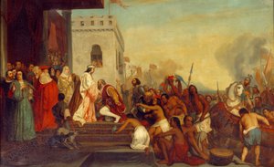 Recepción de Cristóbal Colón (1451-1506) por los reyes de España Fernando II de Aragón e Isabel I de Castilla (llamada la Católica) en Barcelona en 1493. El explorador regresa con indios cautivos. Pintura de Joseph Nicolas Robert Fleury (1797-1890)
