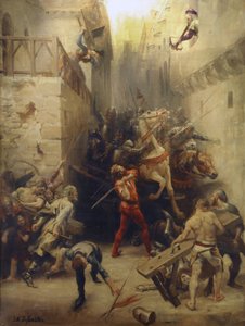 El saco de Béziers en 1209: Los habitantes de Béziers intentan evitar la entrada de los soldados del ejército francés en la ciudad