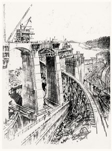 Enfoques hacia la esclusa de Gatún, lámina VI de El Canal de Panamá por Joseph Pennell, 1912 de Joseph Pennell