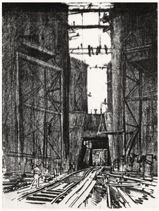 En el fondo de la esclusa de Gatún, lámina IV de El Canal de Panamá por Joseph Pennell, 1912 de Joseph Pennell