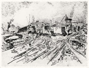 Construcción de la esclusa de Miraflores, lámina XXI de El Canal de Panamá por Joseph Pennell, 1912 de Joseph Pennell